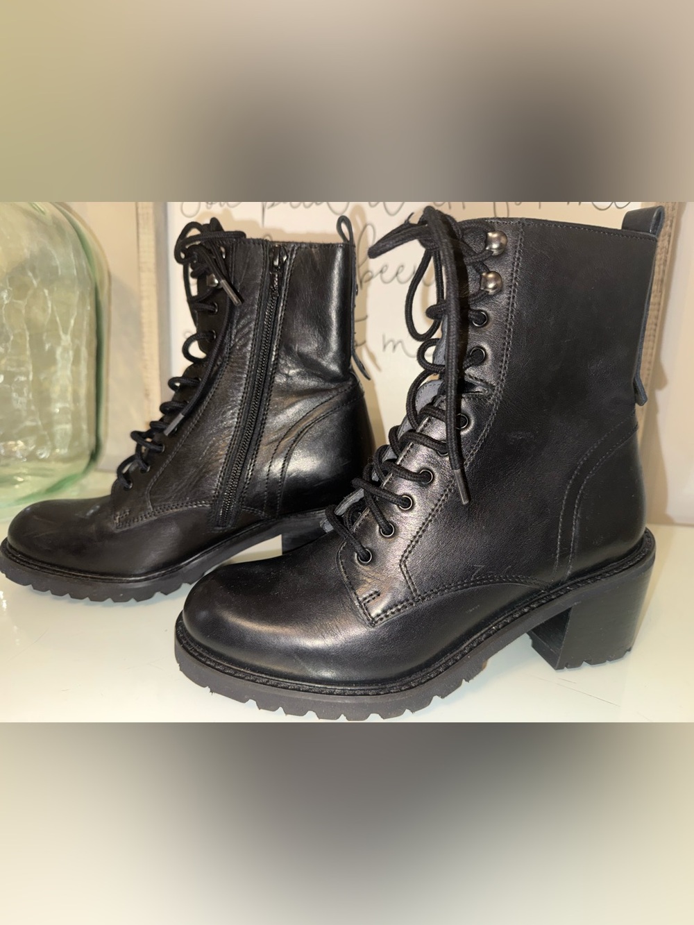 Seychelles Women's Black Lace-Up Heeled Combat Boots